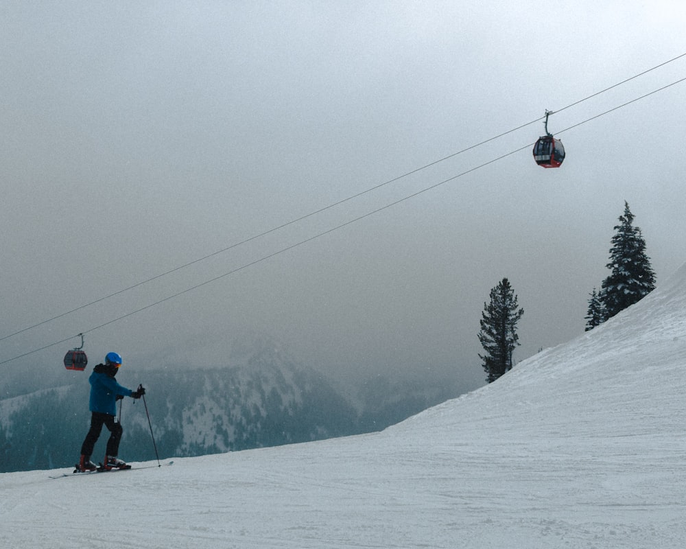 a man riding skis down a snow covered slope