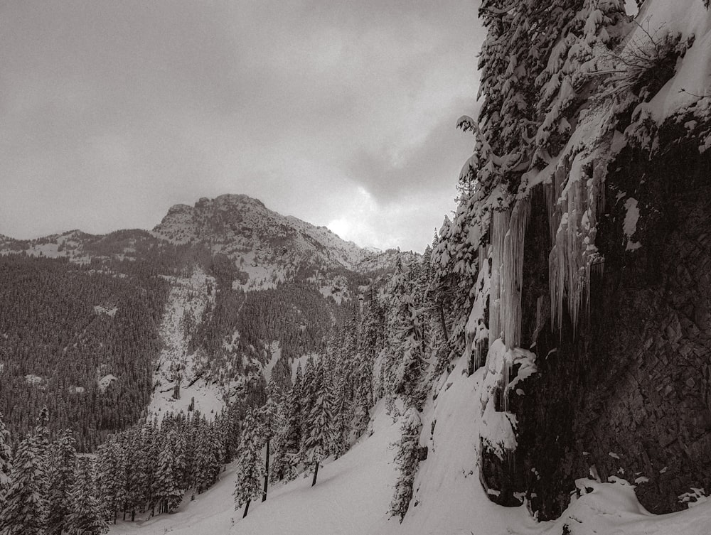 a black and white photo of a snow covered mountain