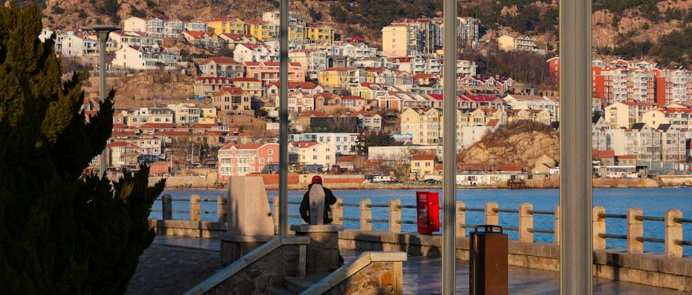 a man is standing on a bridge overlooking a city