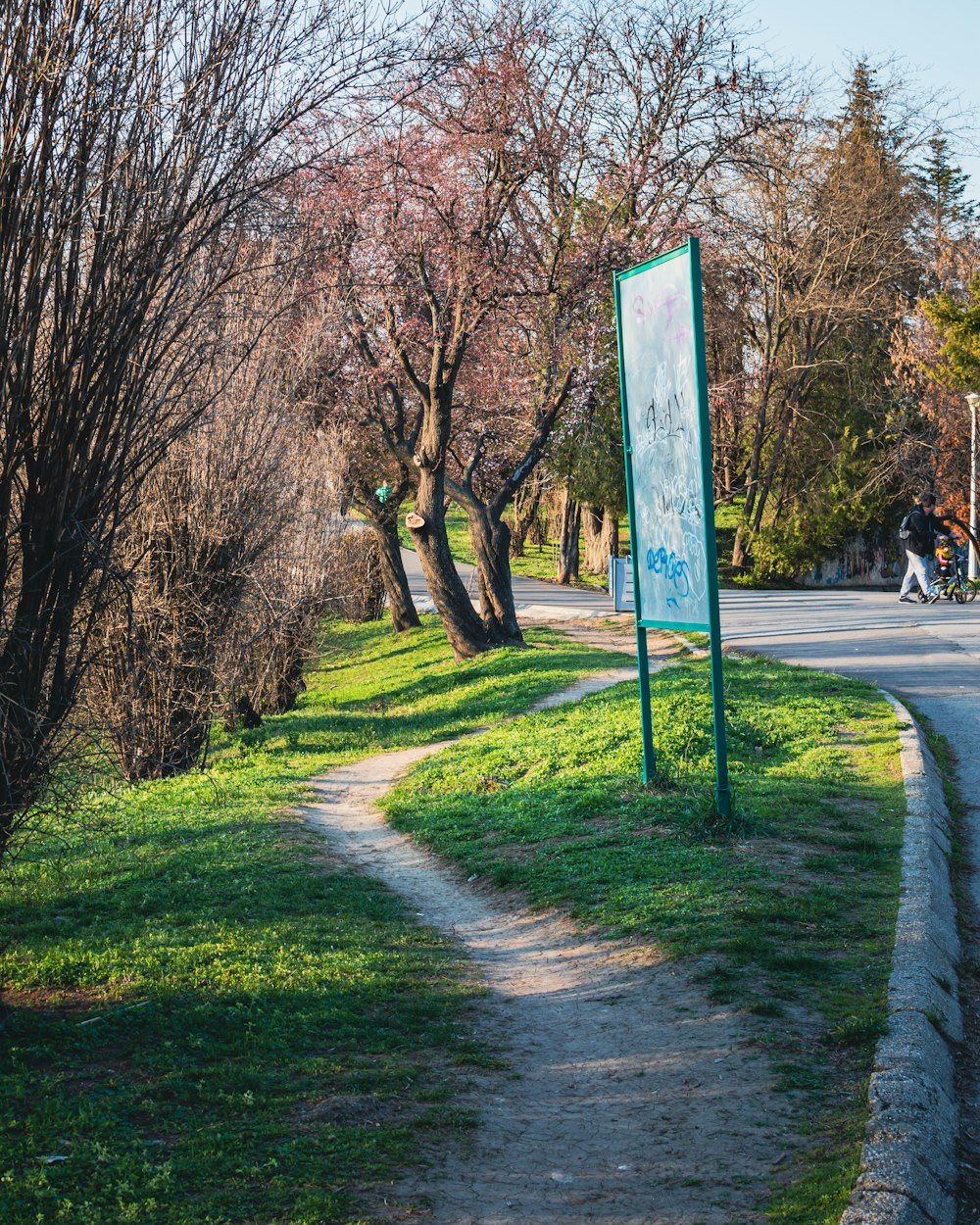 a sign on the side of a road in a park