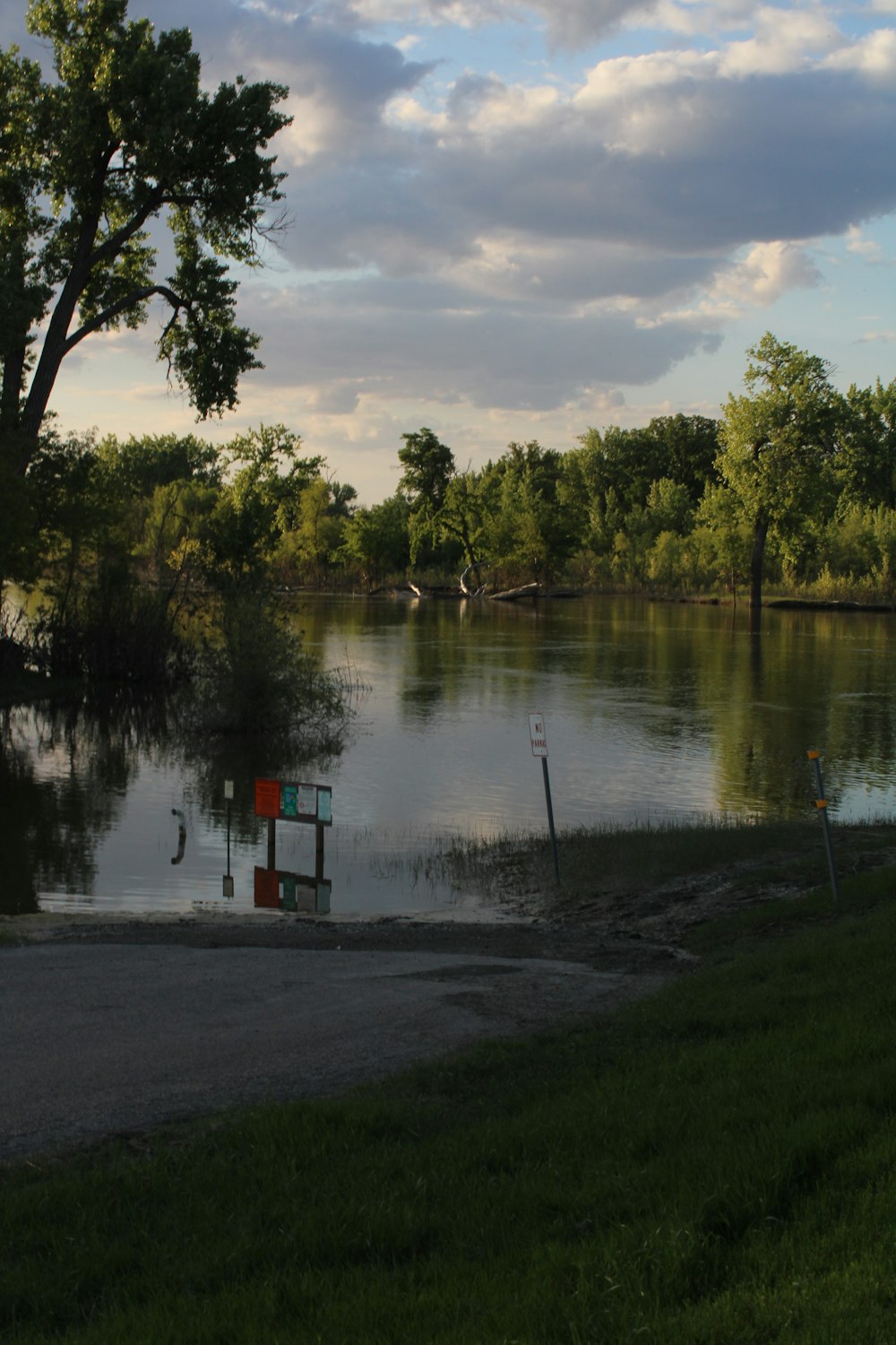 a body of water surrounded by trees and grass