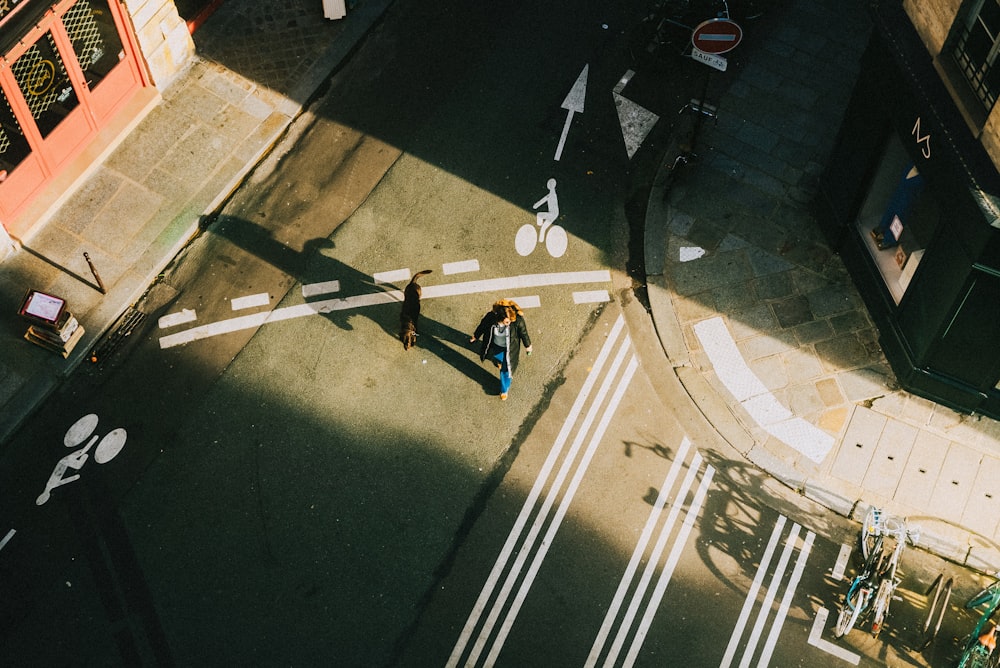 a couple of people walking across a street