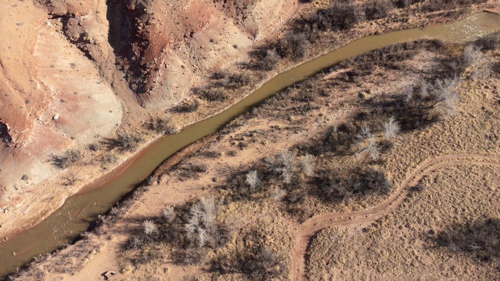 an aerial view of a river in the desert