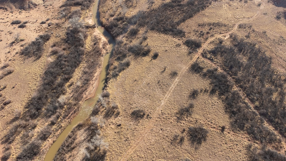 an aerial view of a river running through a dry landscape