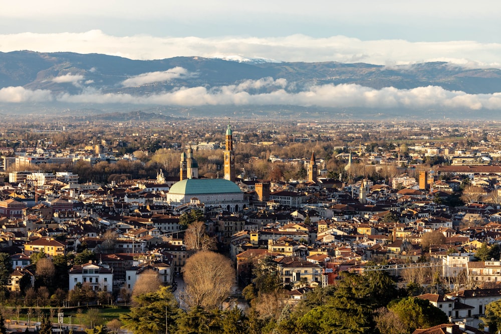 a view of a city with mountains in the background