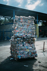 a large stack of garbage sitting in front of a building