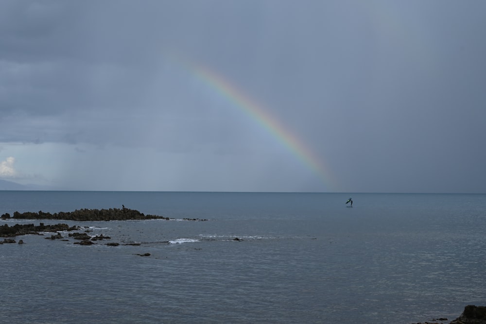 a rainbow in the sky over a body of water