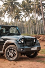 a jeep parked on a dirt road in front of palm trees