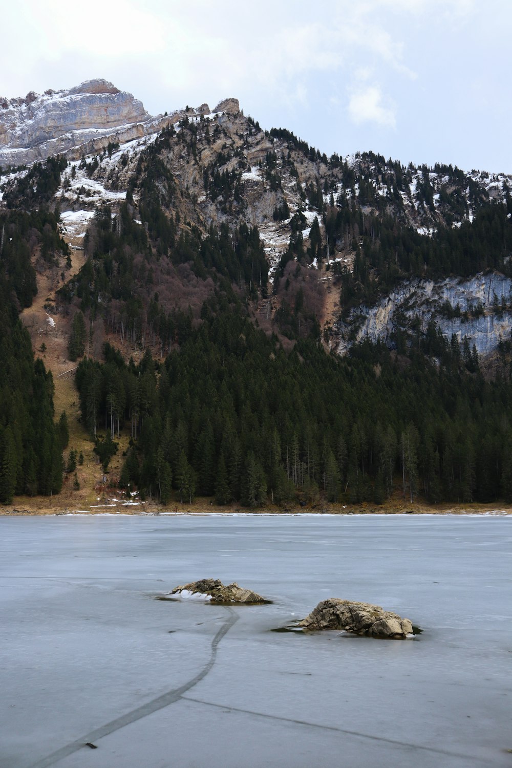 a mountain covered in snow next to a lake