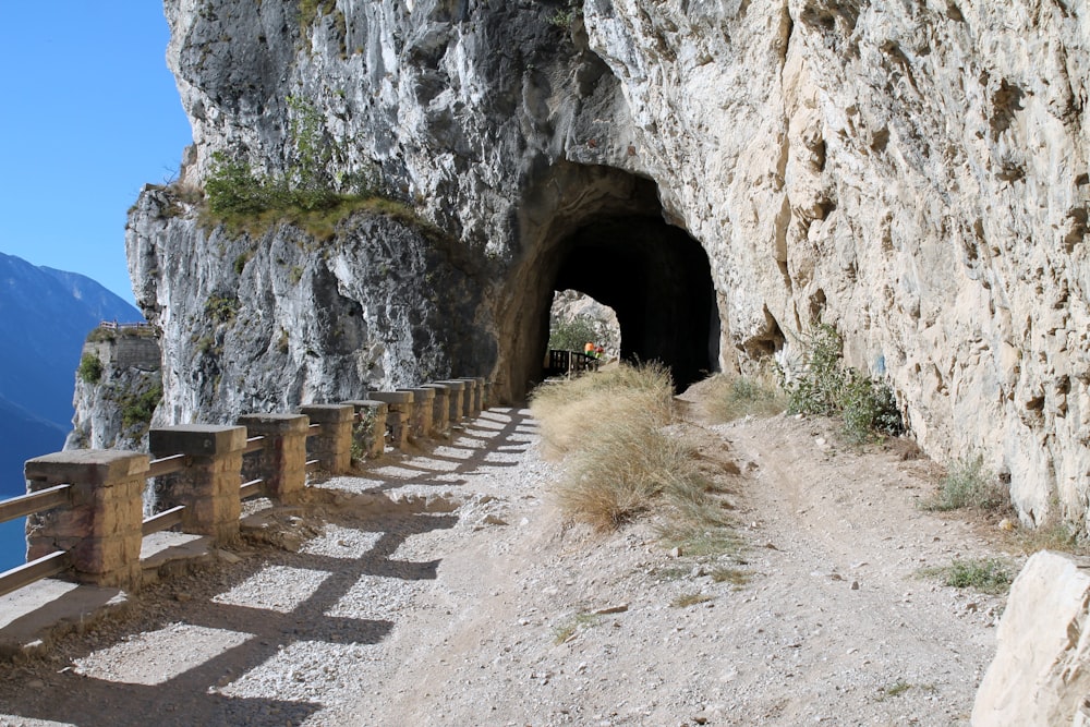 a path leading to a tunnel in the side of a mountain