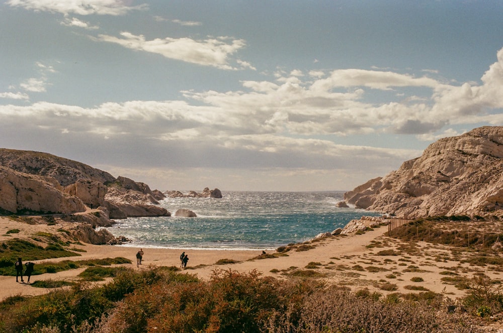 a group of people standing on top of a sandy beach