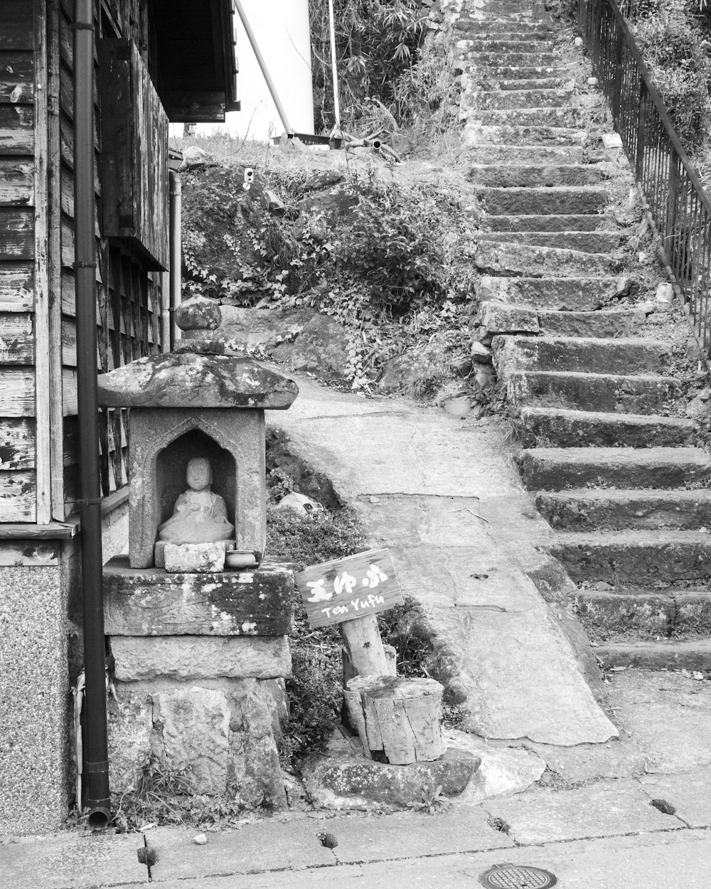 a black and white photo of stairs leading up to a building