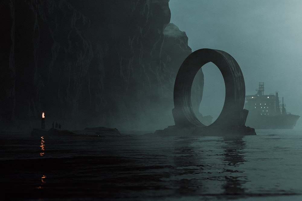 a boat in a body of water with a giant ring in front of it