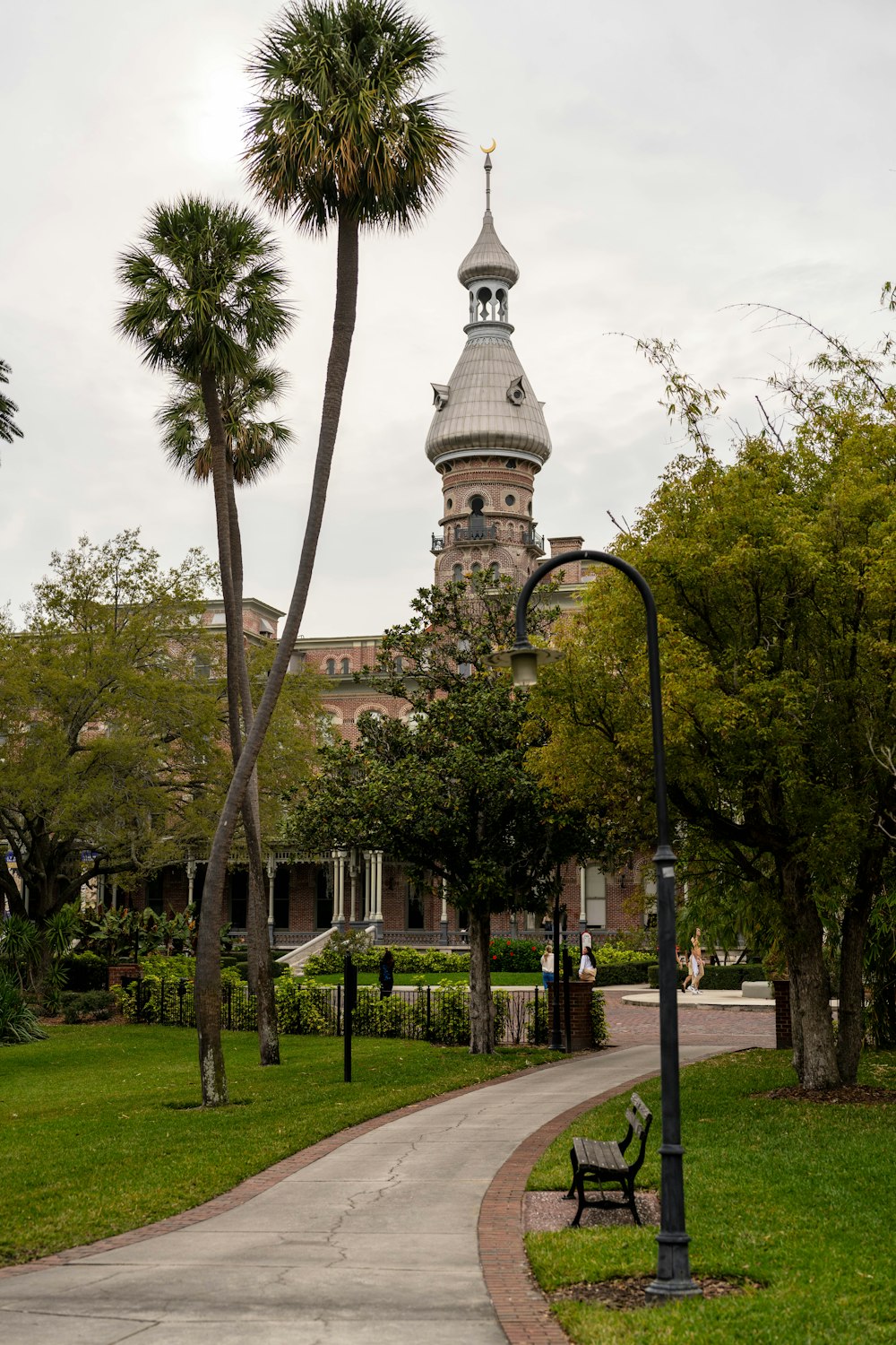 a park with palm trees and a clock tower in the background