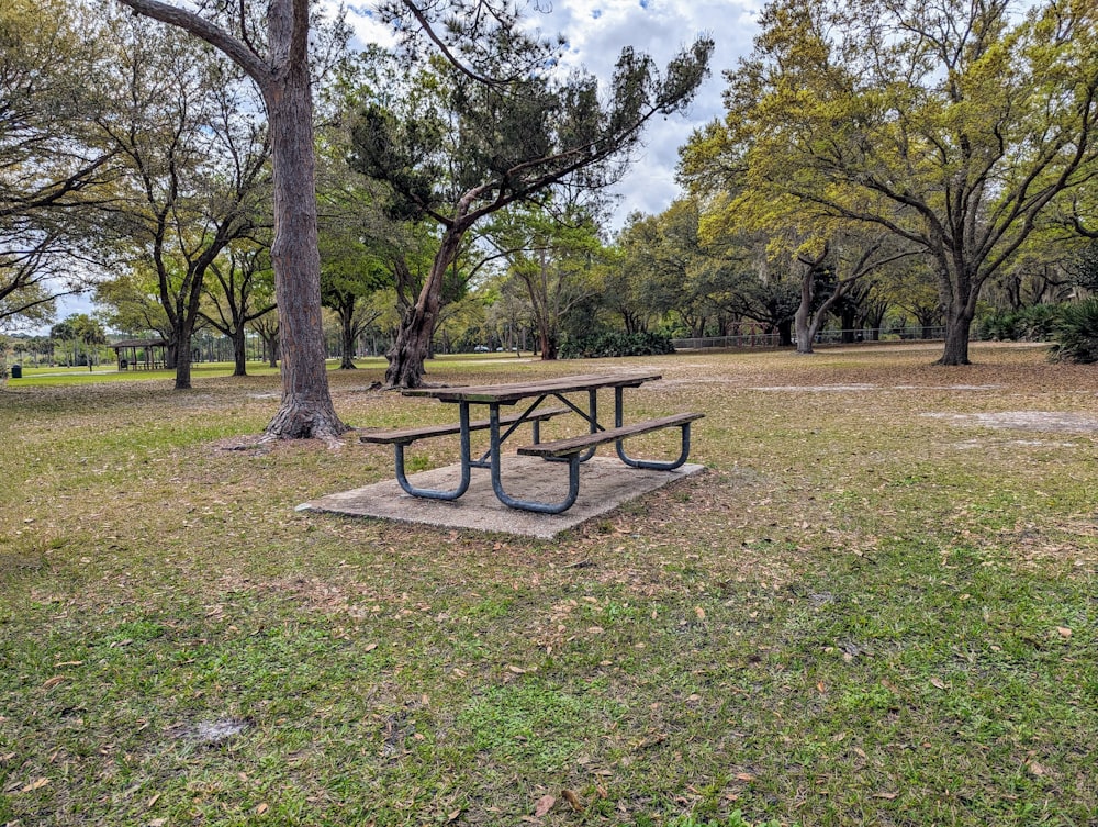 a picnic table in the middle of a park