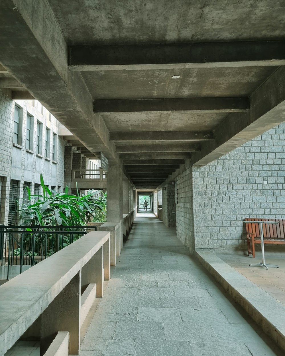 a long hallway with benches and plants on either side