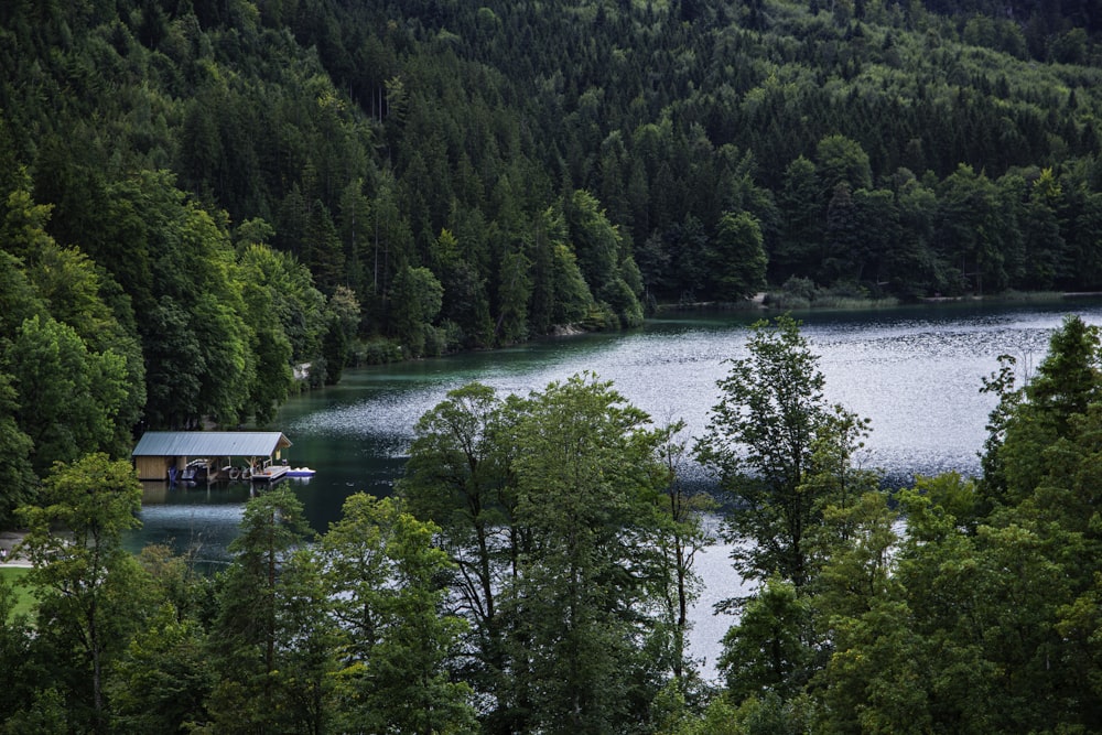 a lake surrounded by trees with a boat house in the middle