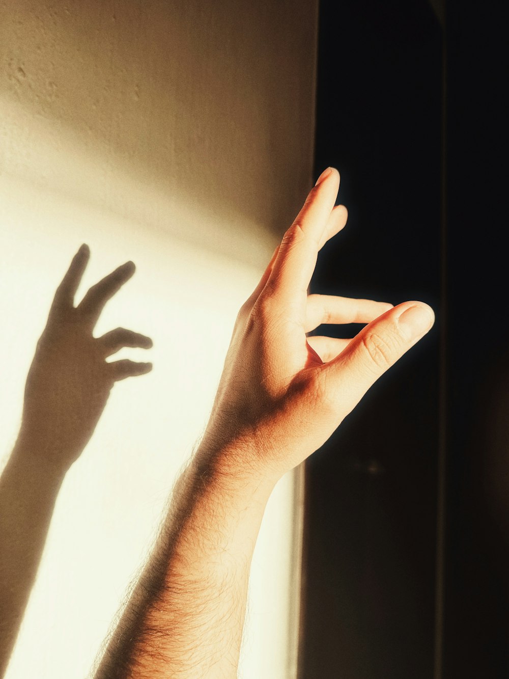a person's hand reaching up towards a wall