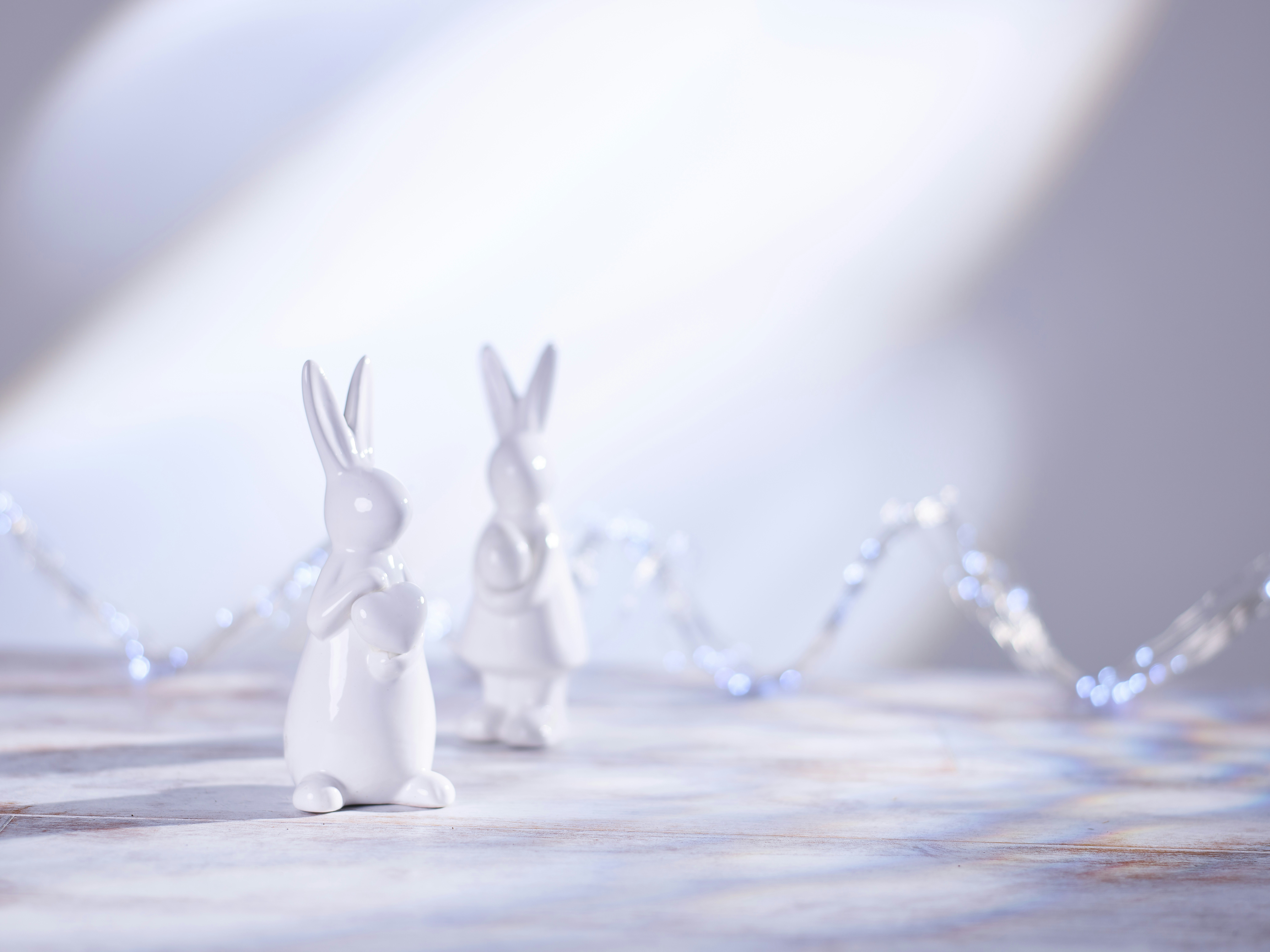 a couple of white rabbits sitting on top of a table
