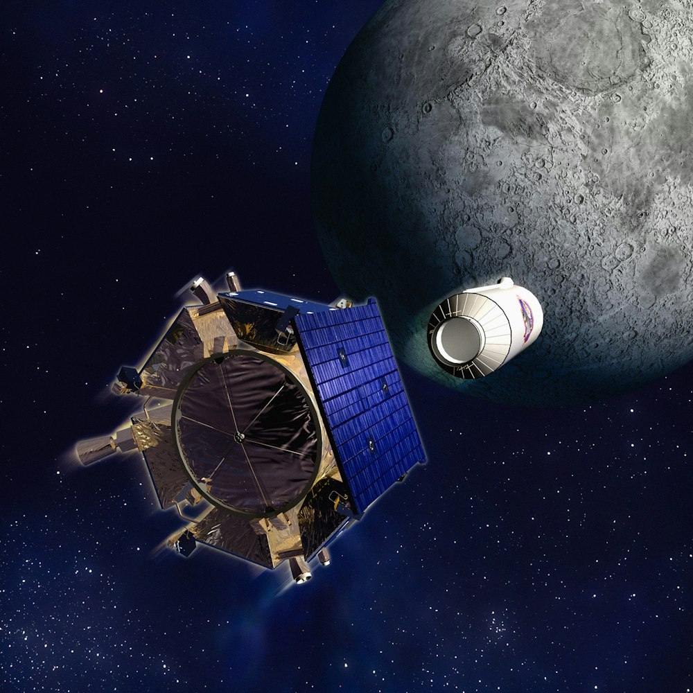 an artist's rendering of a satellite in front of the moon
