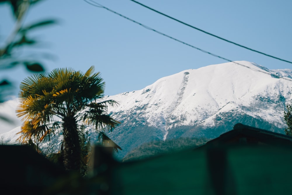 a view of a snow covered mountain in the distance