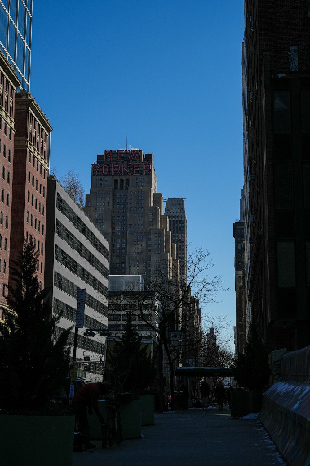 a city street with tall buildings in the background