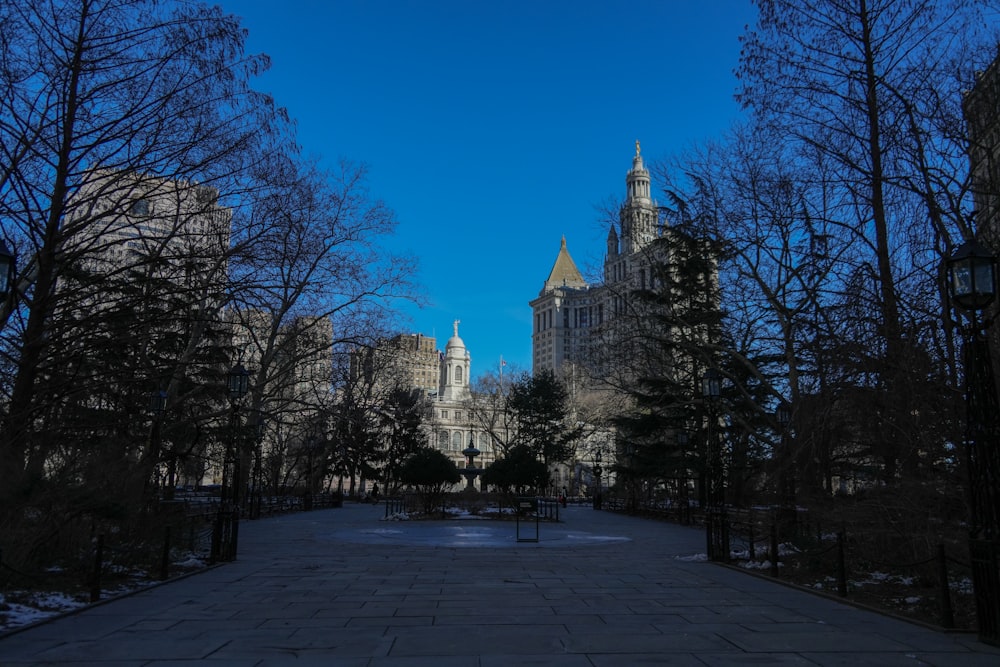 a large building with a clock tower in the middle of a park