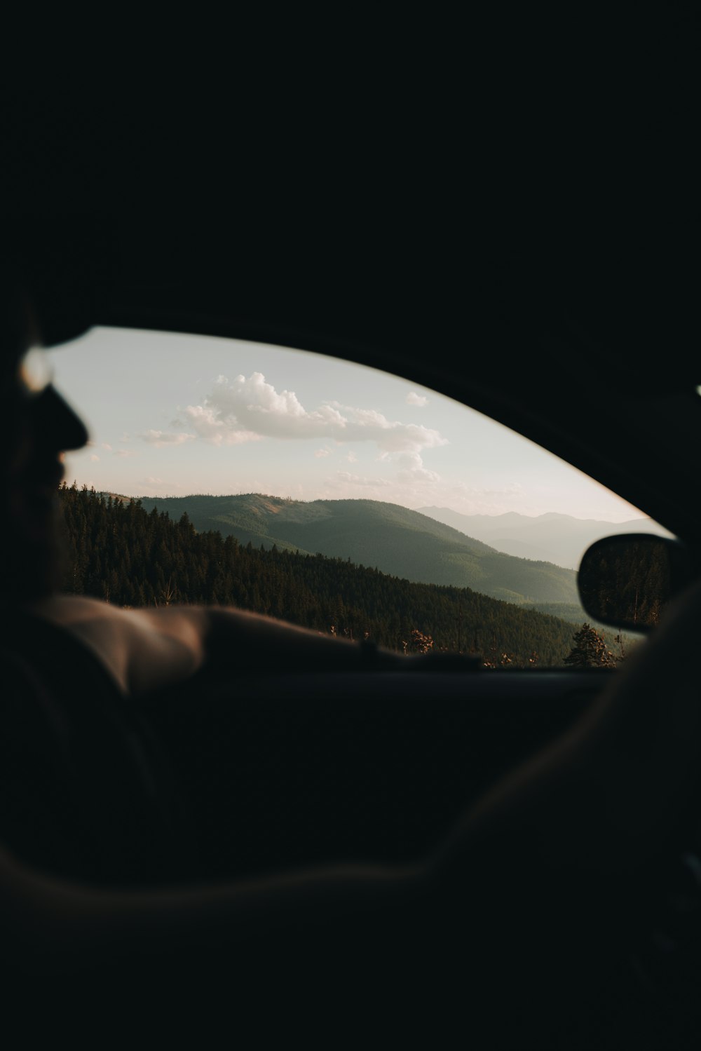 a man driving a car through a forest