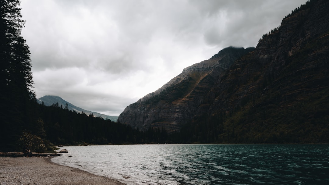 a body of water surrounded by mountains and trees,