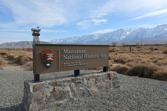 Entrance sign at Manzanar National Historic Site in the California desert, one of the historic sites Valley High students visit with teacher Brooke Wheatley
