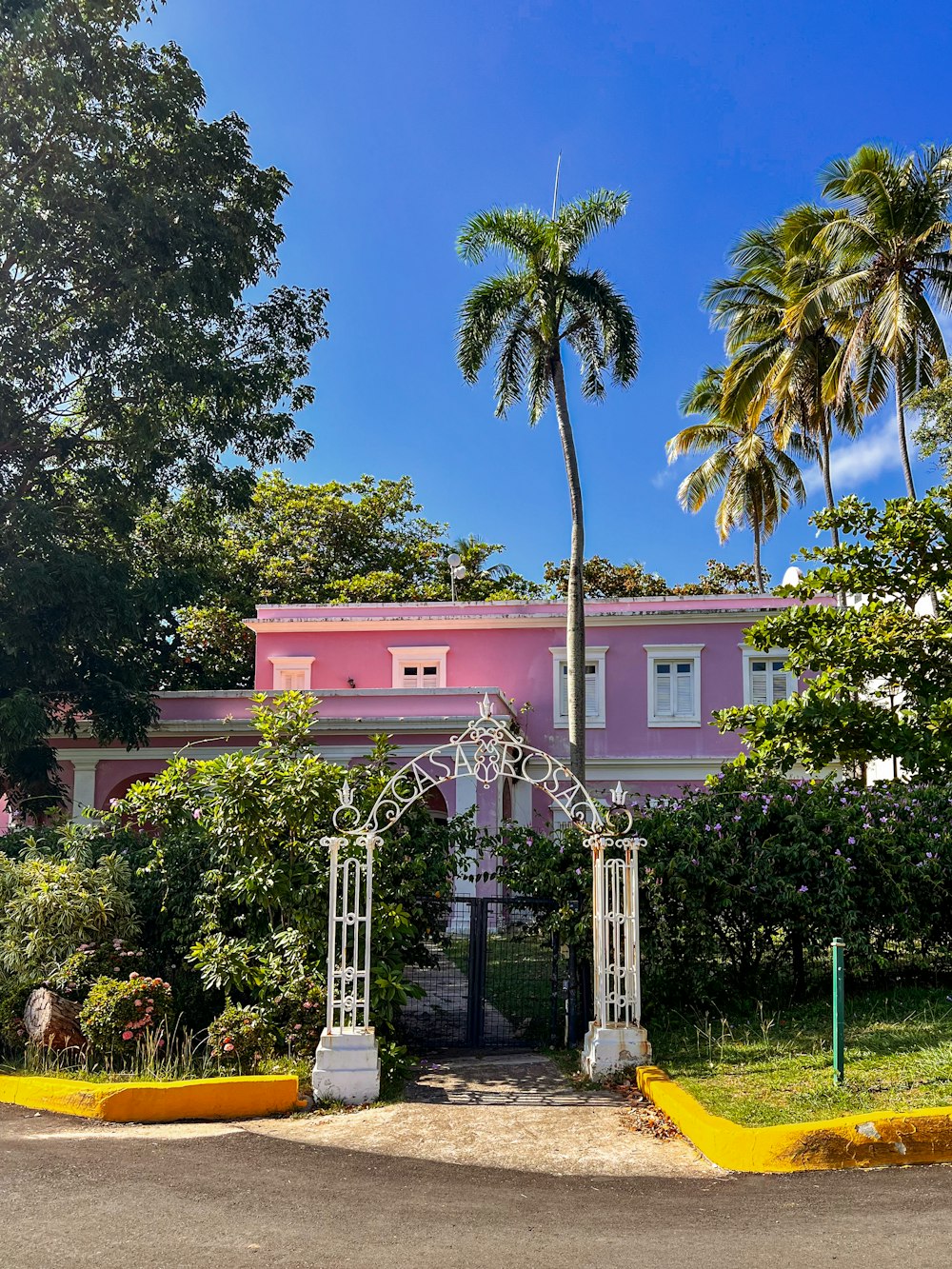 a pink house with palm trees in front of it