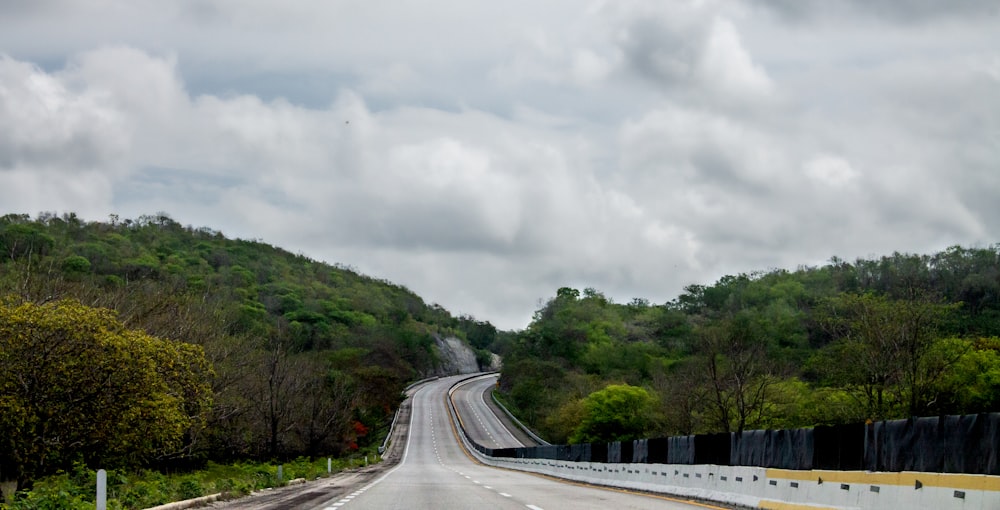 a road with a fence on the side and trees on the other side