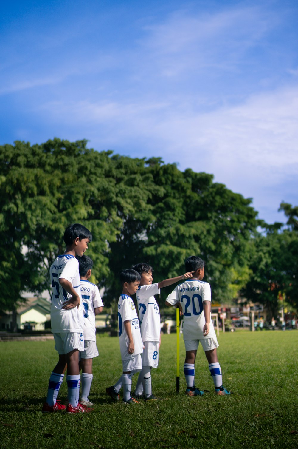 a group of young boys standing on top of a lush green field