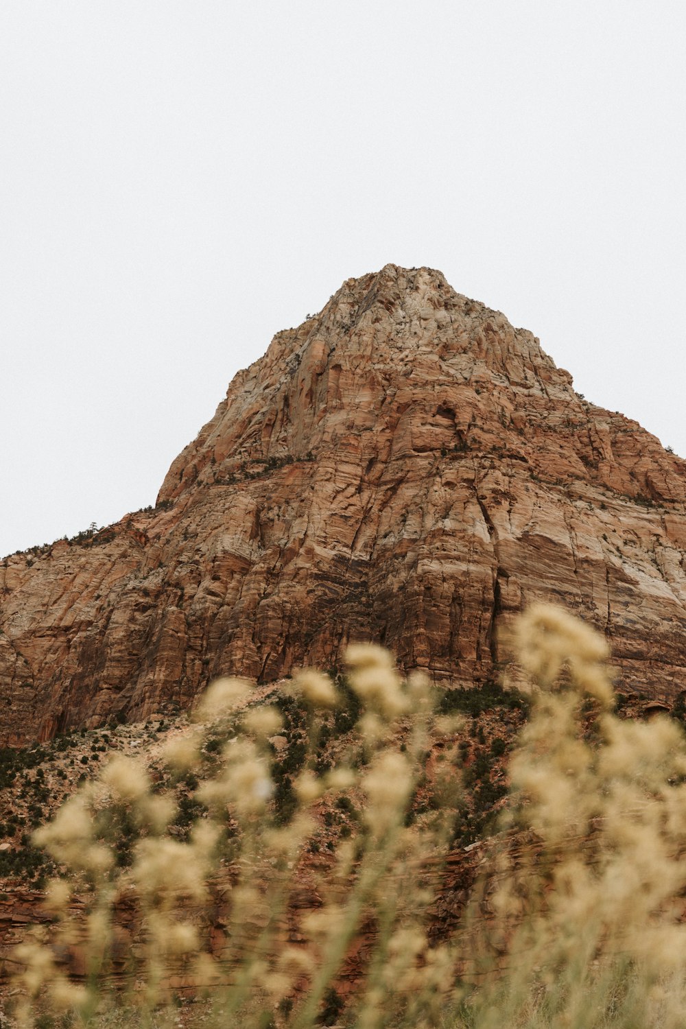 a large mountain with a very tall rock in the background