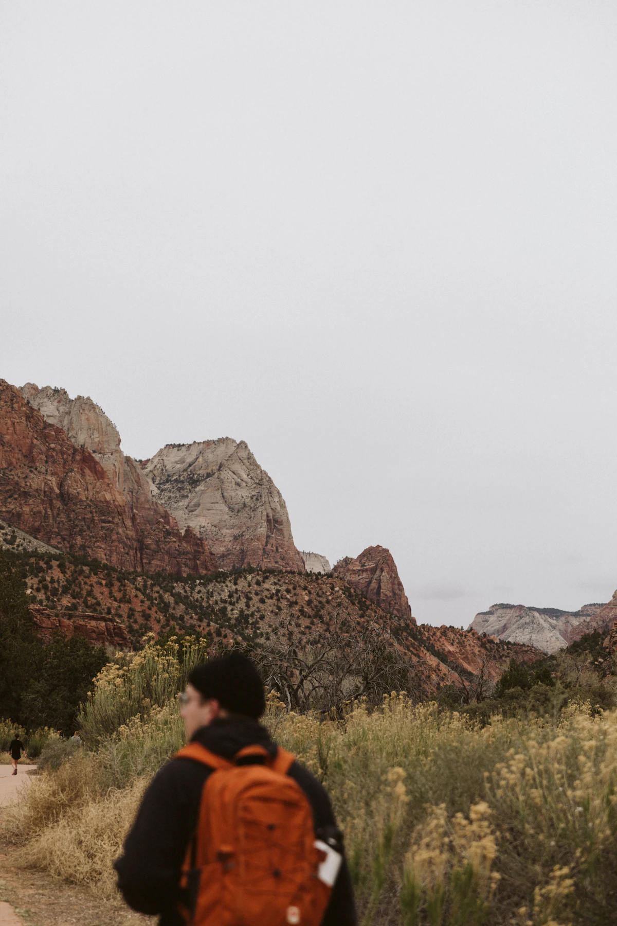 Hiker with an orange backpack standing in front of red rock canyon scenery, ready to explore