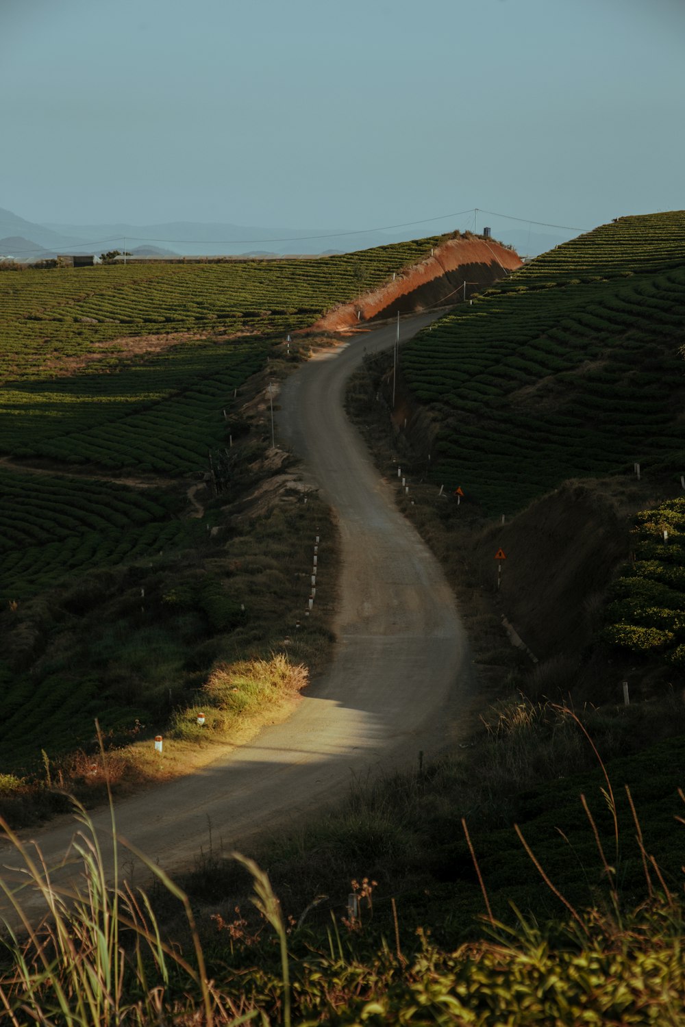 a dirt road winding through a lush green hillside