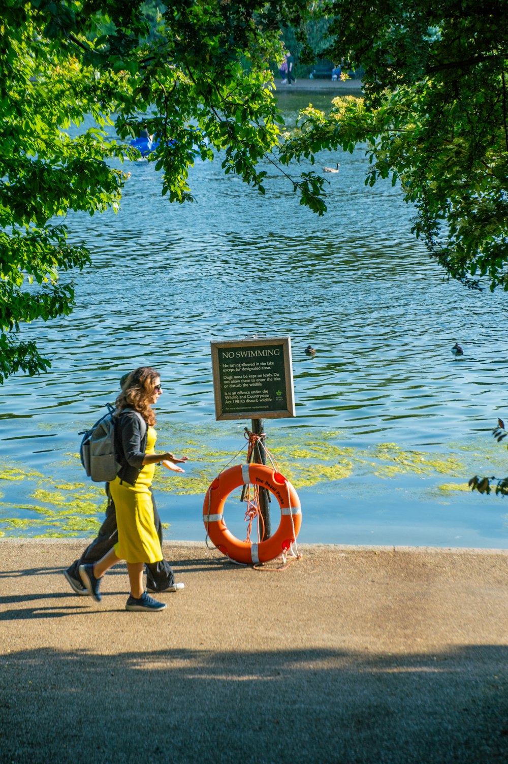 a woman in a yellow dress is walking by the water