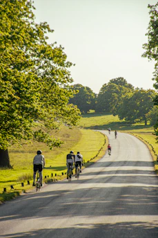 a group of people riding bikes down a road