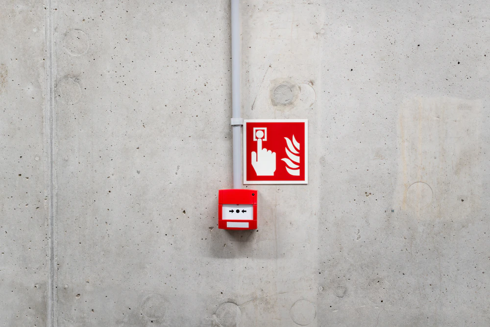 Fire alarm call point and sign on a concrete wall