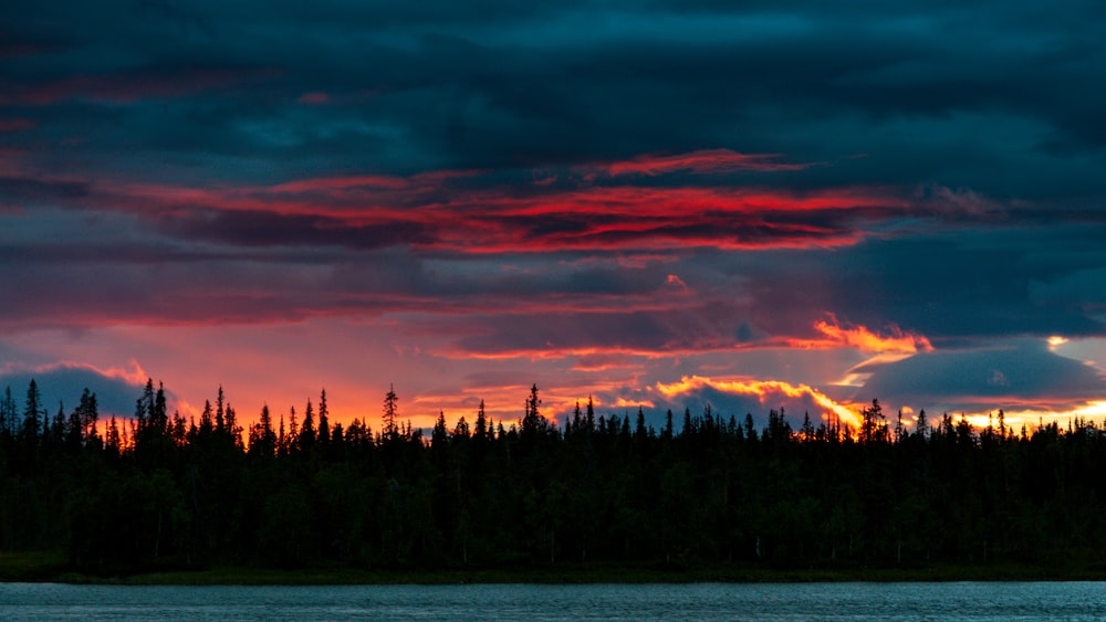 the sun is setting over the trees and water