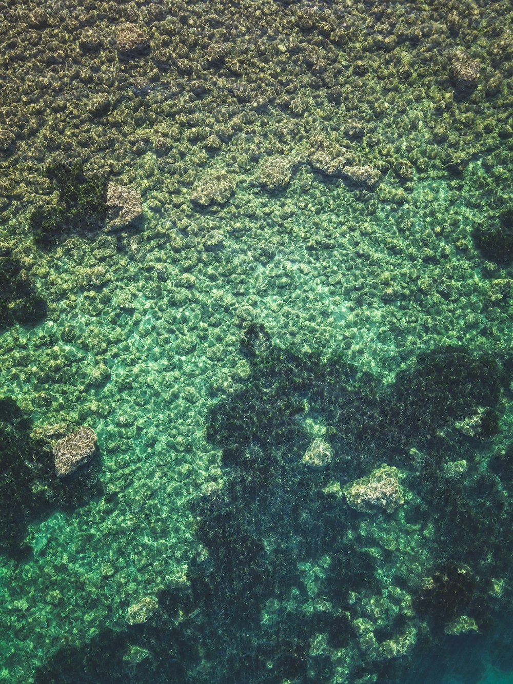 an aerial view of the water and land