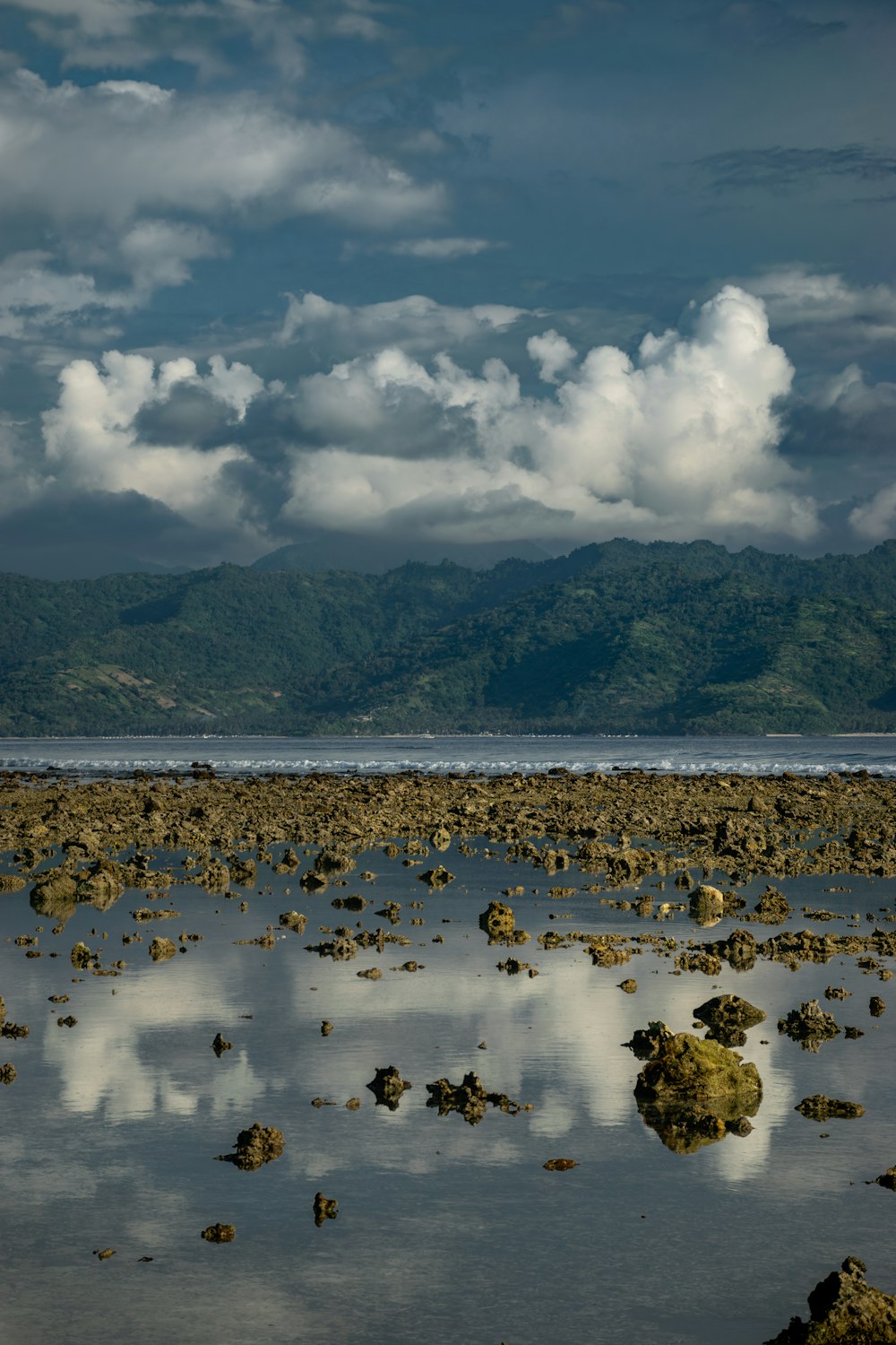 un grande specchio d'acqua seduto accanto a una collina verde lussureggiante