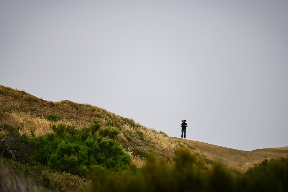 a person standing on top of a grass covered hill