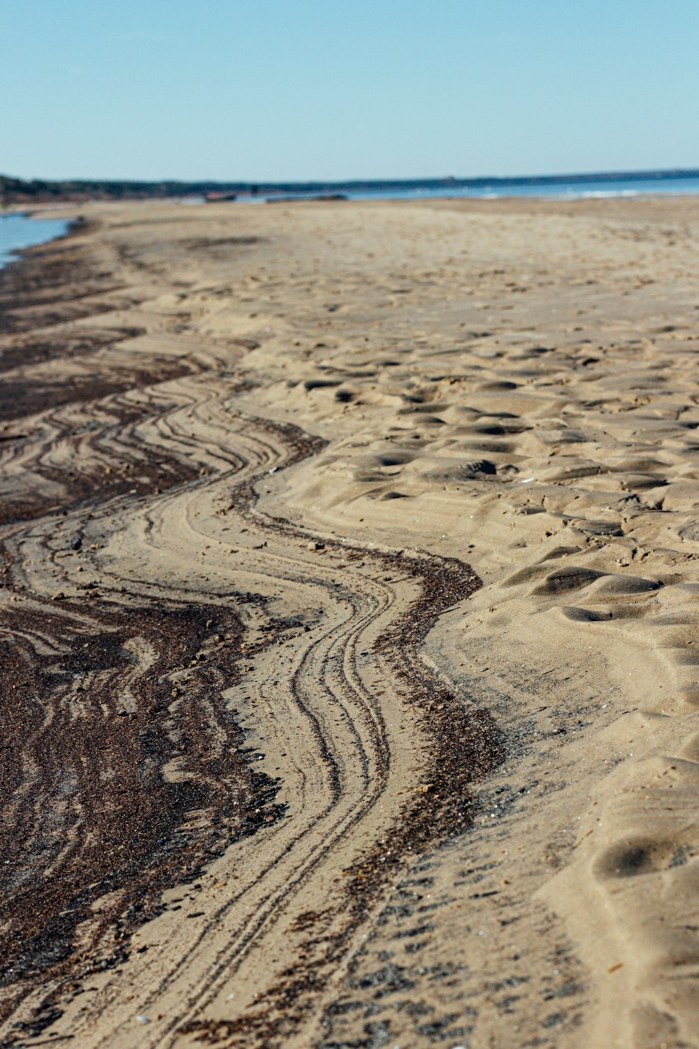 a sandy beach with footprints in the sand