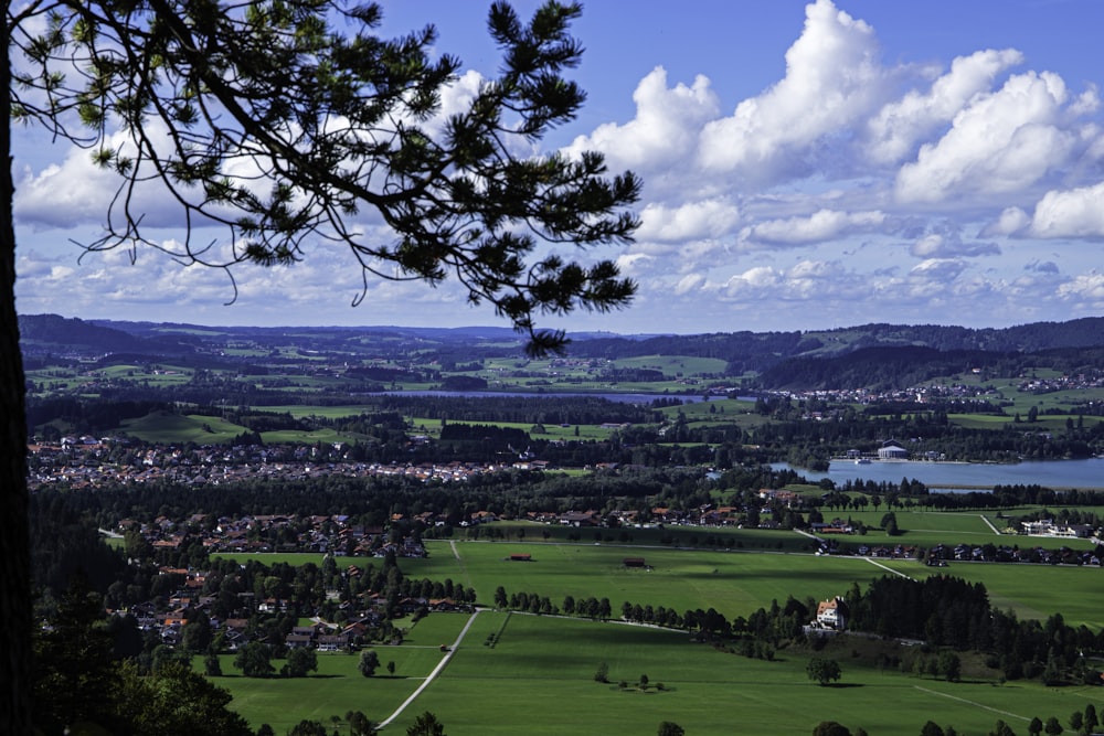 a scenic view of a town and a lake