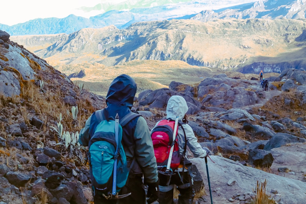 a couple of people walking up a mountain side