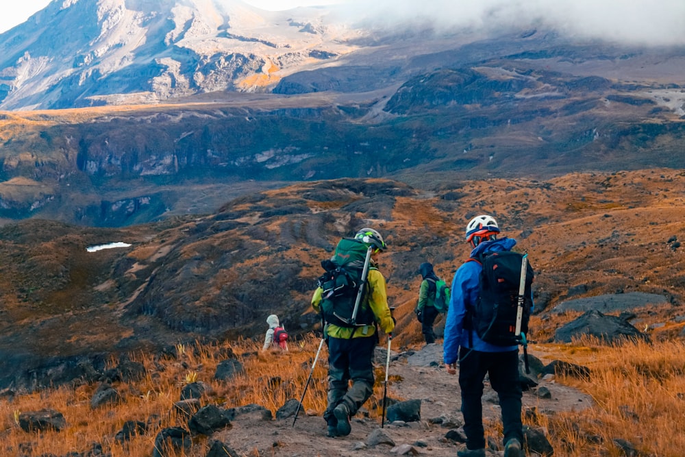 a group of people hiking up a hill