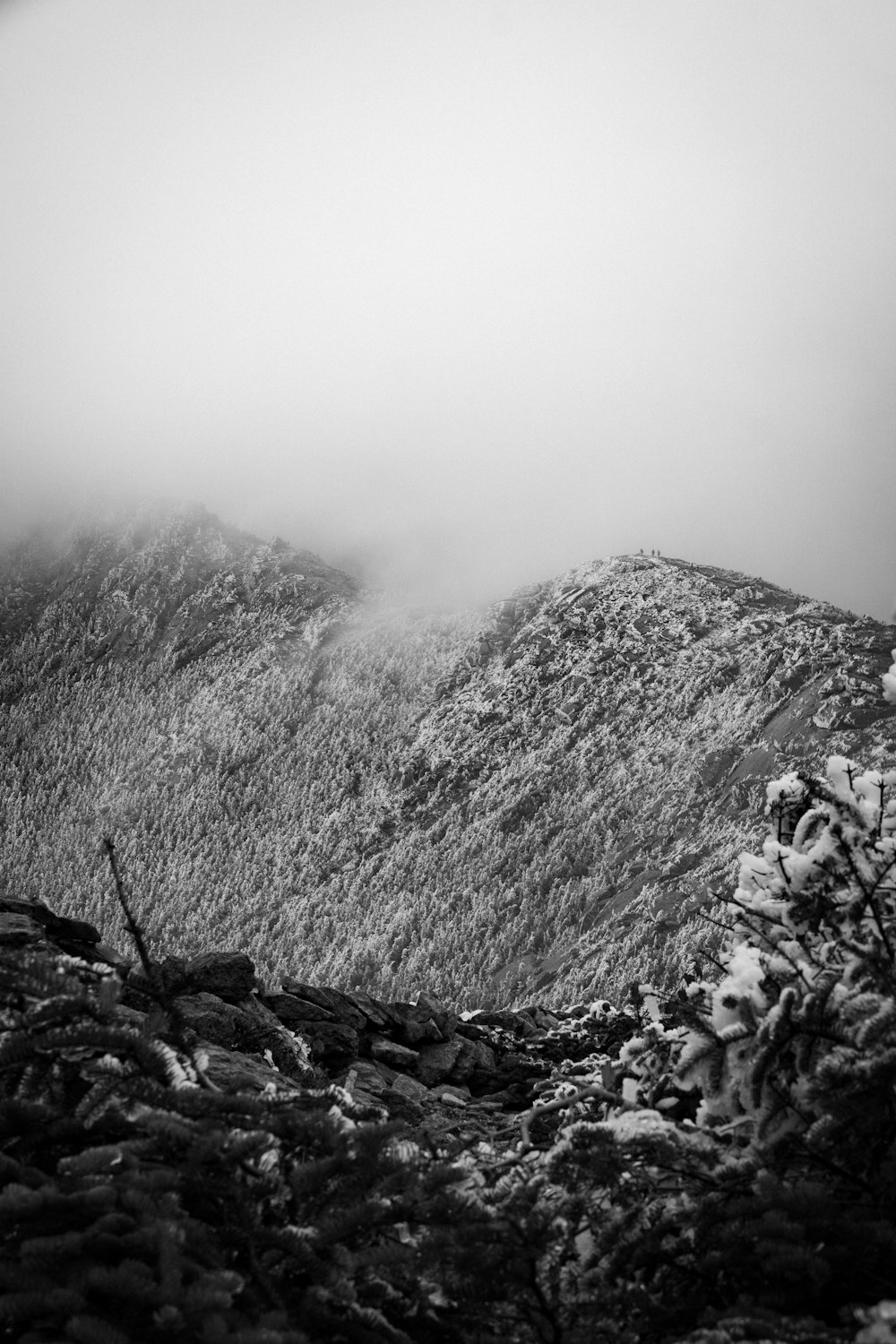 a black and white photo of a mountain covered in snow