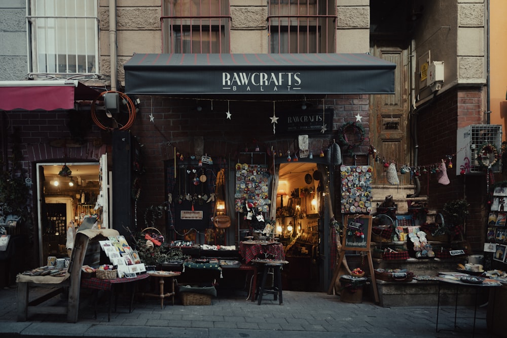 a store front with a bunch of items on display