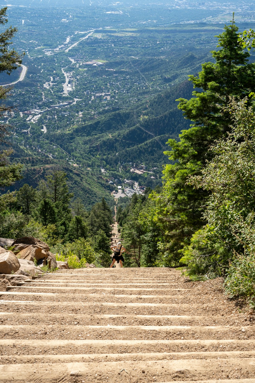 a person walking up a set of stairs in the mountains